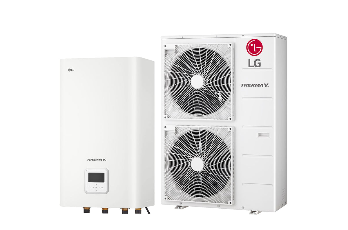 LG THERMA V R32 Hydrosplit 16 kW indoor hydro box and outdoor unit shown together